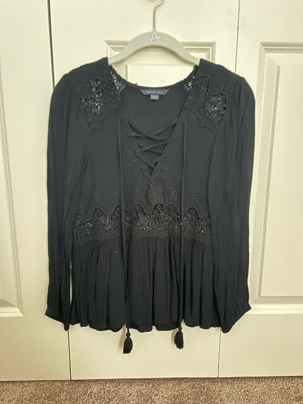 American Eagle Outfitters Black Lace-Up Crochet Peasant Top